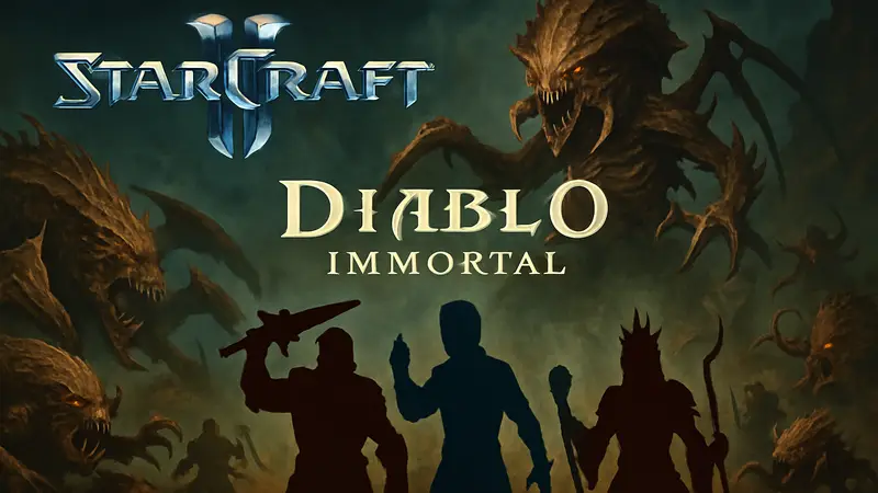 Зерги атакуют персонажей Diablo Immortal на фоне логотипов StarCraft и Diablo Immortal