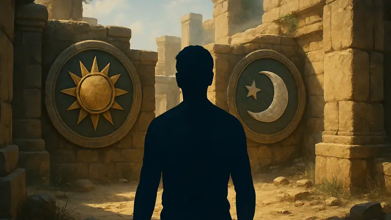 Изображение головоломки "Пустынный лабиринт" из Crimson Desert с пластинами солнце-луна.