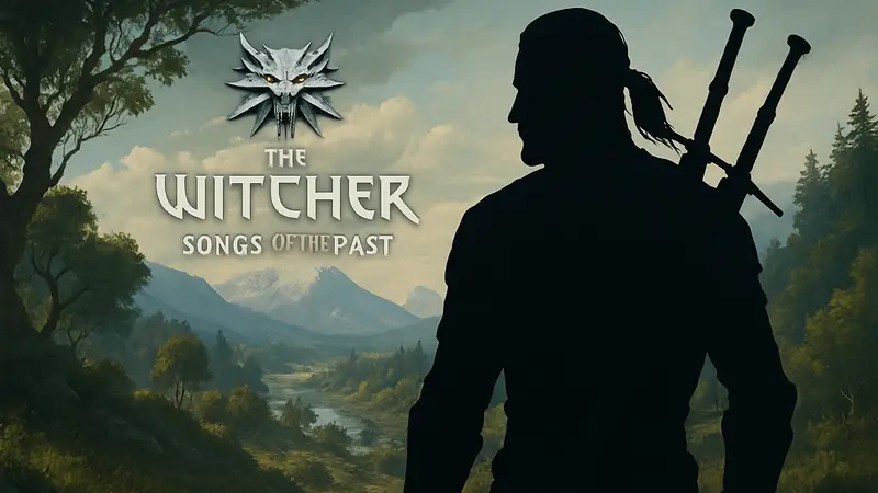 Геральт из Ривии на фоне логотипа The Witcher 3: Songs of the Past