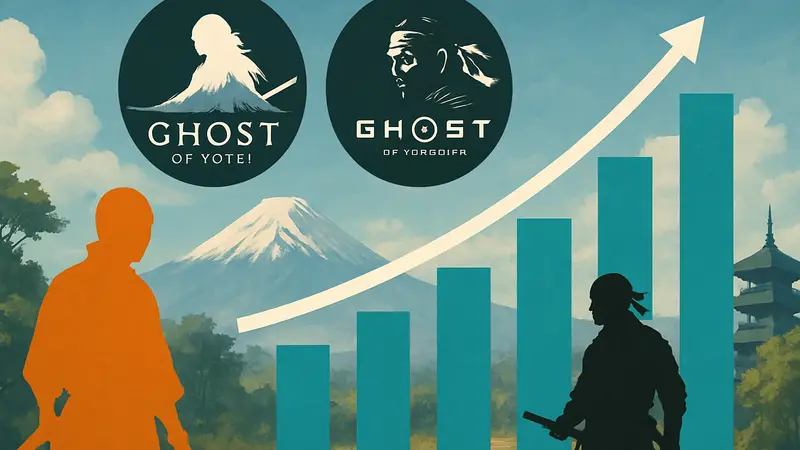 Логотип Ghost of Yotei рядом с логотипом Ghost of Tsushima и диаграммой роста продаж.