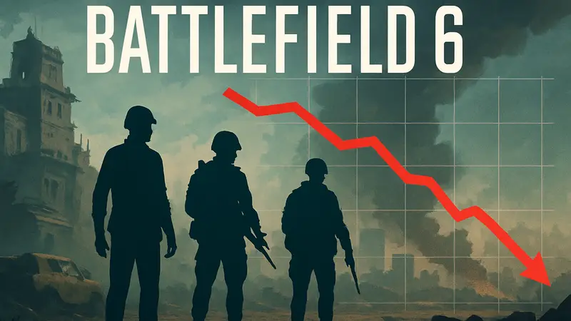 Логотип игры Battlefield 6 на фоне уменьшающегося графика числа игроков.