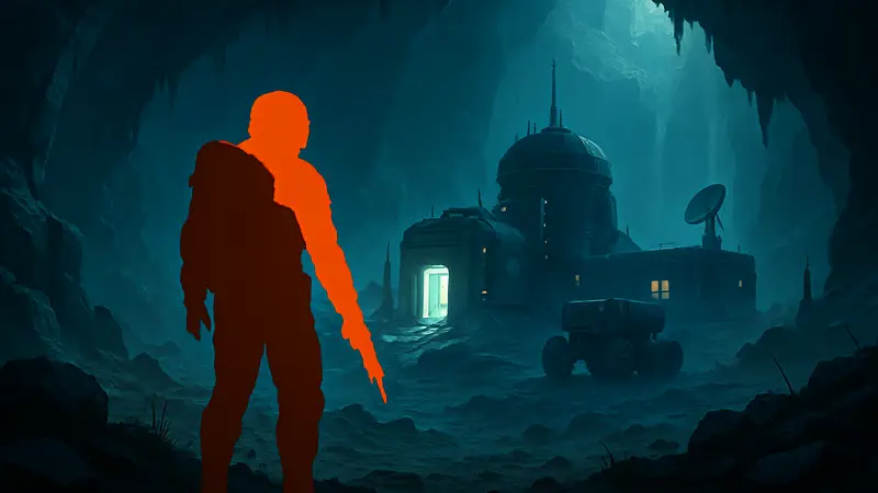 Скриншот игры Blind Descent, демонстрирующий научно-фантастическую атмосферу и элементы выживания.