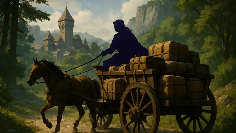 Персонаж в Crimson Desert управляет повозкой, загруженной товарами, в торговом маршруте.
