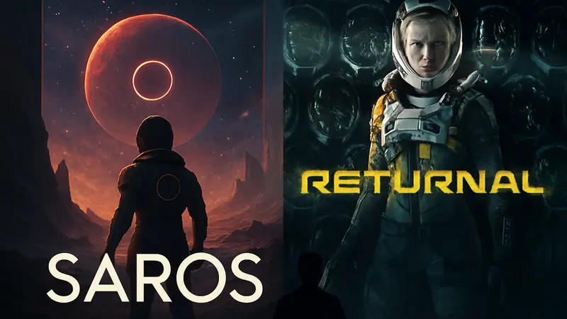 Логотипы игр Saros и Returnal на фоне обложек, символизирующие успех продаж Housemarque.