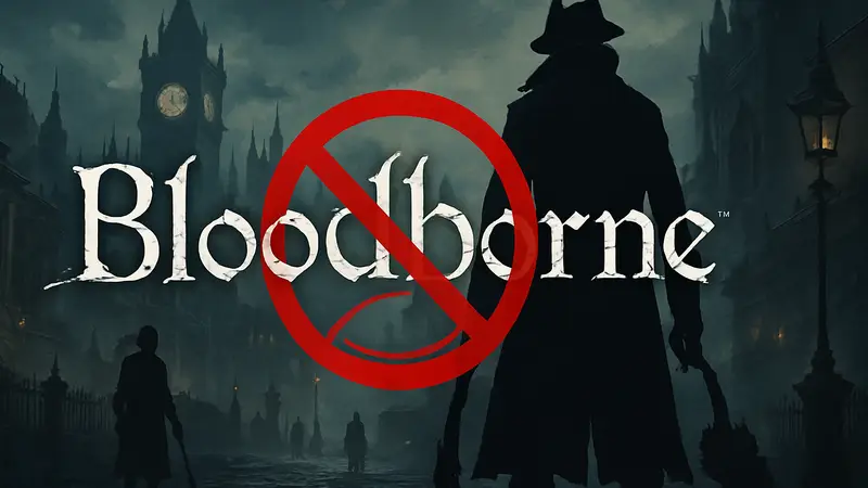 Логотип Bloodborne на фоне стилизованного под ремейк изображения, с наложенным на него значком "Cease and Desist".