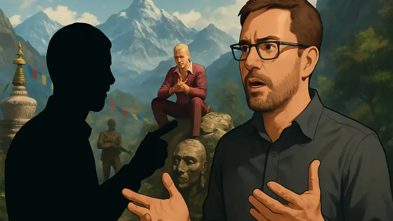 Режиссер Far Cry 4 Алекс Хатчинсон на фоне кадров из игры, спорящий об игровых сюжетах.