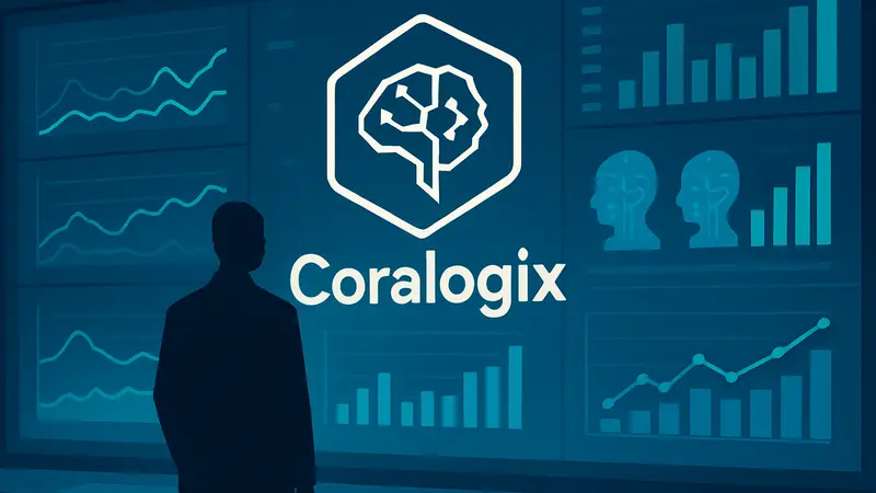 Логотип Coralogix на фоне графиков мониторинга ИИ-агентов, символизирующий инвестиции в технологии.