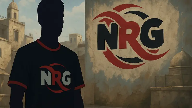 Игрок Grim в форме NRG по CS2 на фоне логотипа команды.