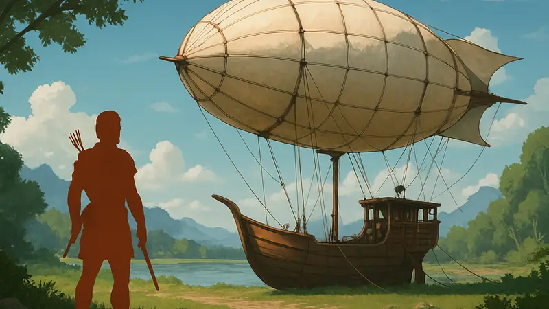 Игрок в Soulmask стоит рядом с построенным дирижаблем на фоне пейзажа