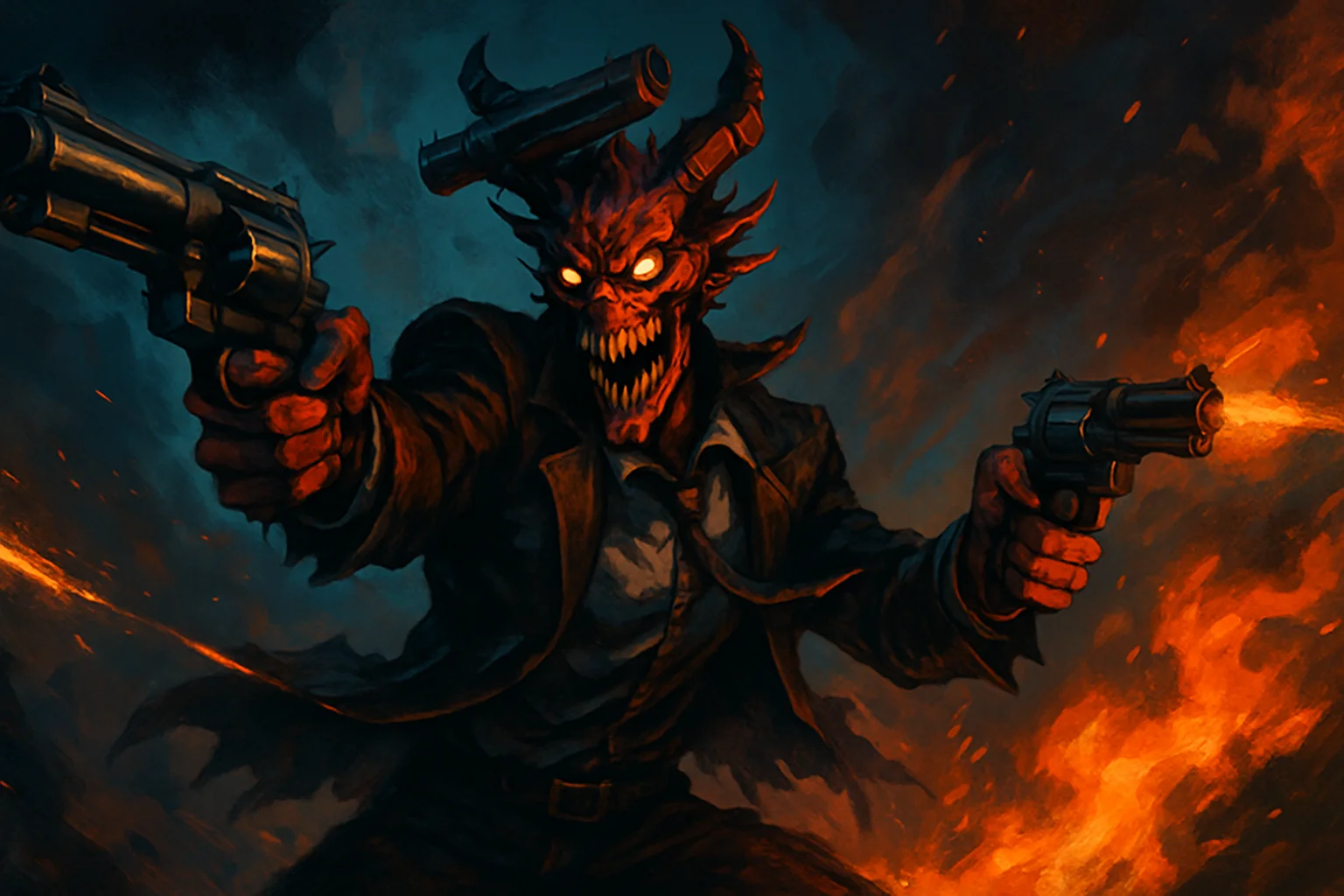Изображение демона-стрелка (gun fiend) из игры Devil Hunter, демонстрирующее его боевые способности.