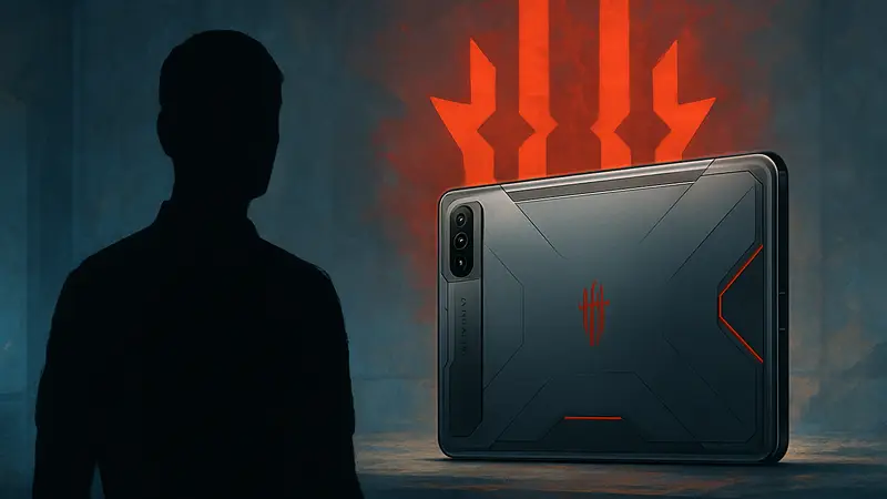 Игровой планшет REDMAGIC на фоне логотипа компании.