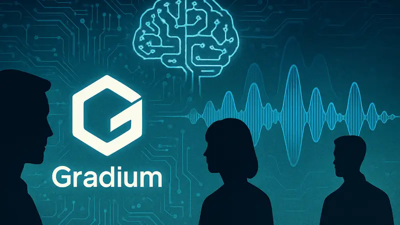 Логотип Gradium на фоне схемы искусственного интеллекта и голосовых волн.