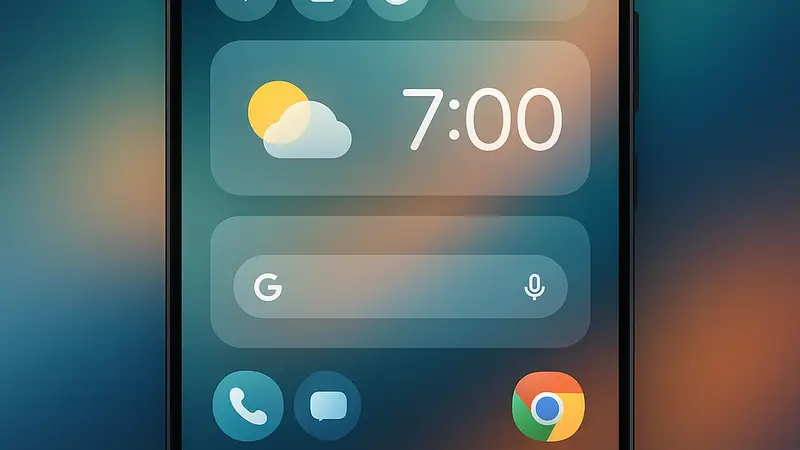 Скриншот или концепт интерфейса Android 17 с эффектами размытия и прозрачности, демонстрирующий новый дизайн.