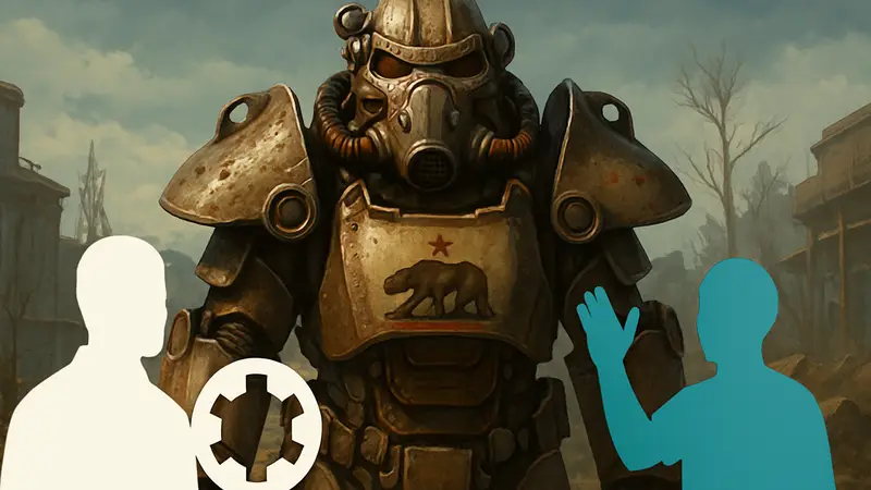 Силовая броня НКР из сериала Fallout и игры Fallout 4, с логотипами Bethesda и сообщества мододелов.
