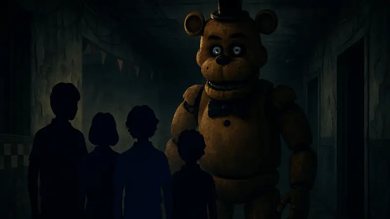 Кадр из фильма «Пять ночей у Фредди» с аниматроником Фредди на фоне зловещего помещения.