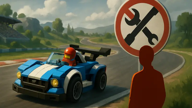 Автомобиль из Lego 2K Drive на гоночной трассе, на фоне знак «конец обслуживания».