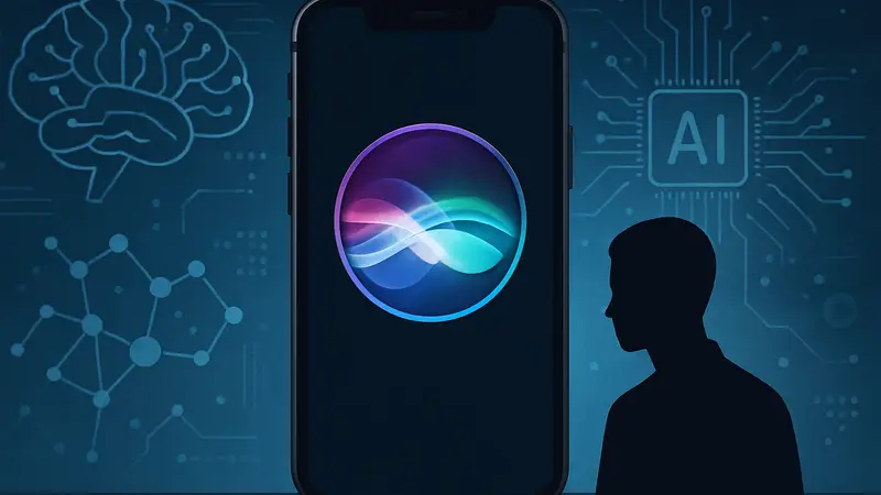 Логотип Apple Siri на фоне экрана смартфона с элементами искусственного интеллекта