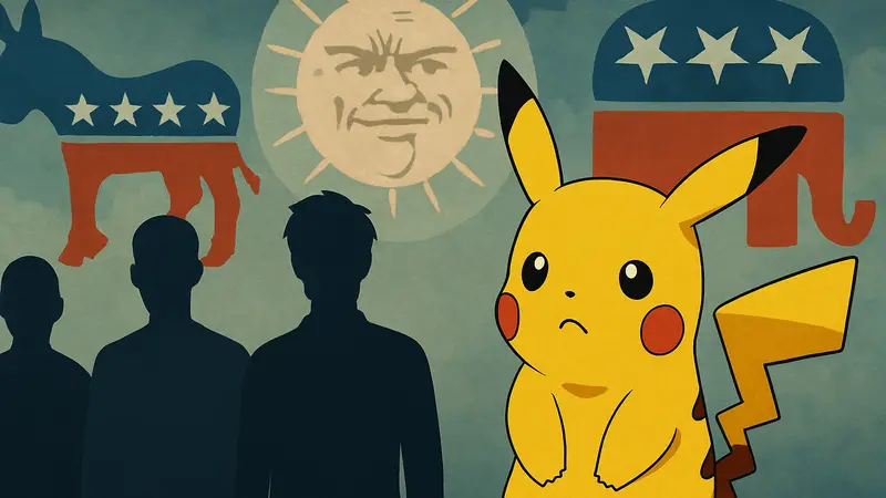 Персонажи Pokémon, например Пикачу, на фоне абстрактных политических символов и мема.