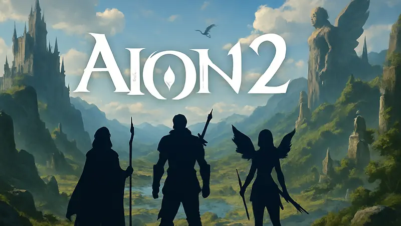 Логотип Aion 2 на фоне эпического фэнтезийного мира, указывающий на релиз в Steam.