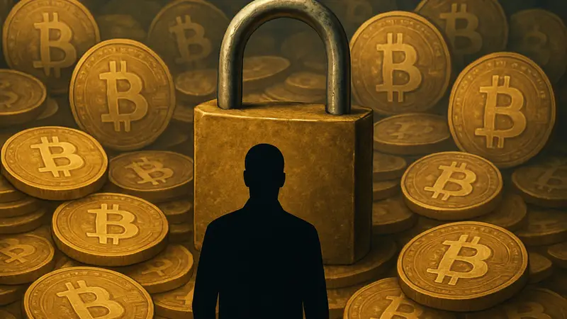 Замок на фоне криптомонет и биткоинов, символизирующий утерянные биткоин-кошельки.