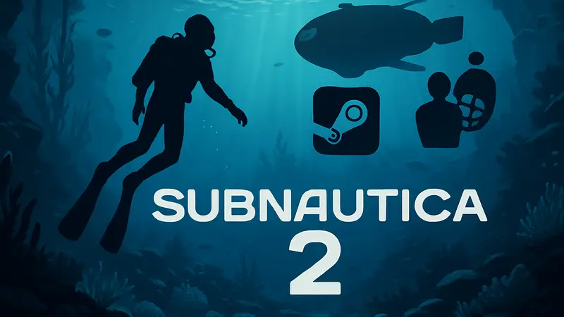 Логотип Subnautica 2 на фоне подводного мира, показывающий смену издателя с Krafton на Unknown Worlds на Steam и Epic Games.