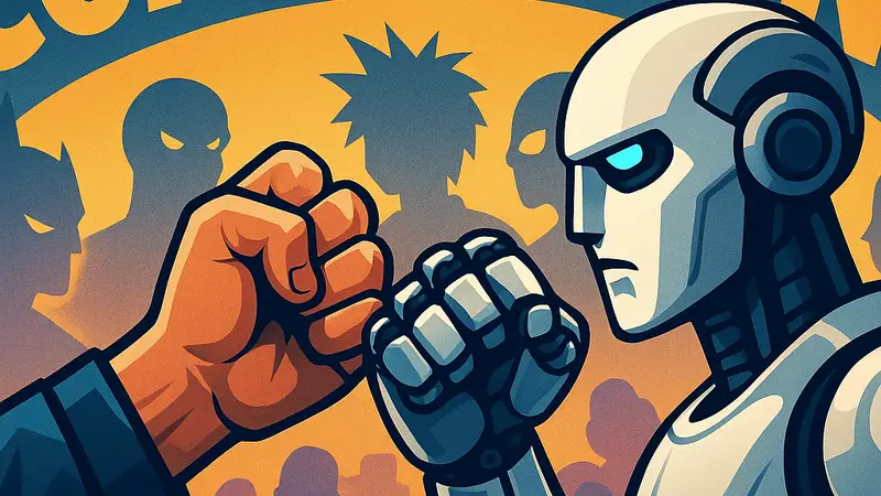 Рука человека и робота, символизирующая конфликт между творчеством и ИИ на Comic-Con