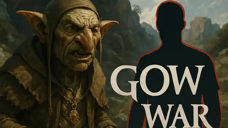 Изображение гоблина из игры Crimson Desert, на фоне которого виднеется логотип God of War.
