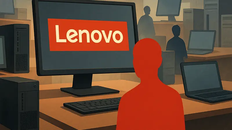 Логотип Lenovo на фоне компьютеров, символизирующих мировое лидерство в поставках ПК