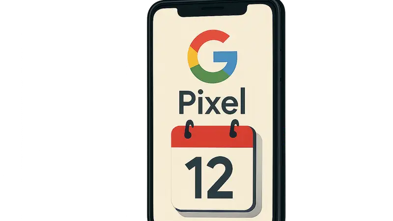 Логотип Google Pixel и календарь с датой 12 августа на экране смартфона.