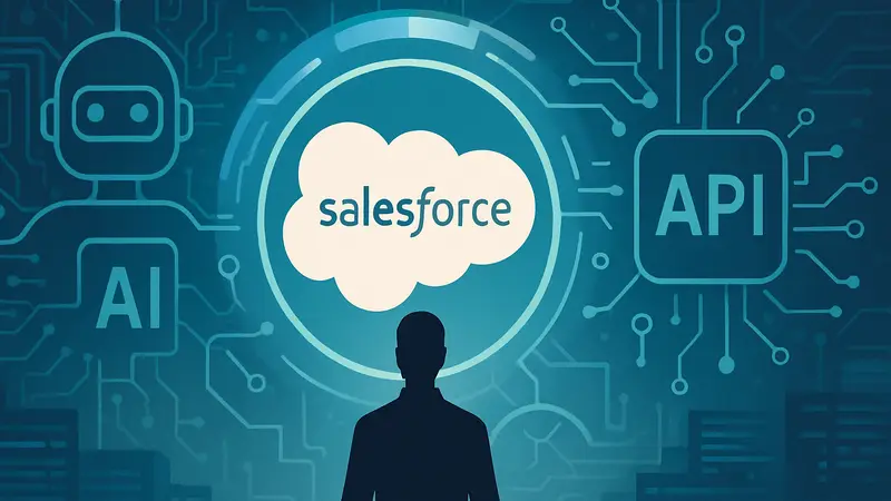Логотип Salesforce, концепция Headless 360 с элементами ИИ и API