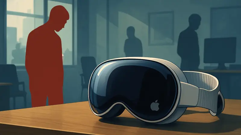 Гарнитура Apple Vision Pro лежит на столе, символизируя возможный провал проекта Apple VR и технологий.