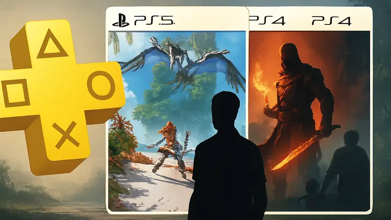 Логотип PlayStation Plus Essential с обложками трёх новых игр для PS5 и PS4.