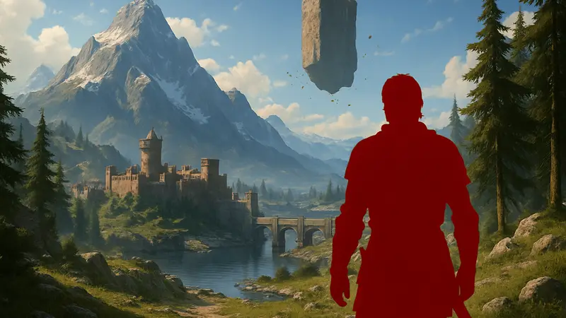 Игровой скриншот Crimson Desert с персонажем на фоне фэнтезийного пейзажа