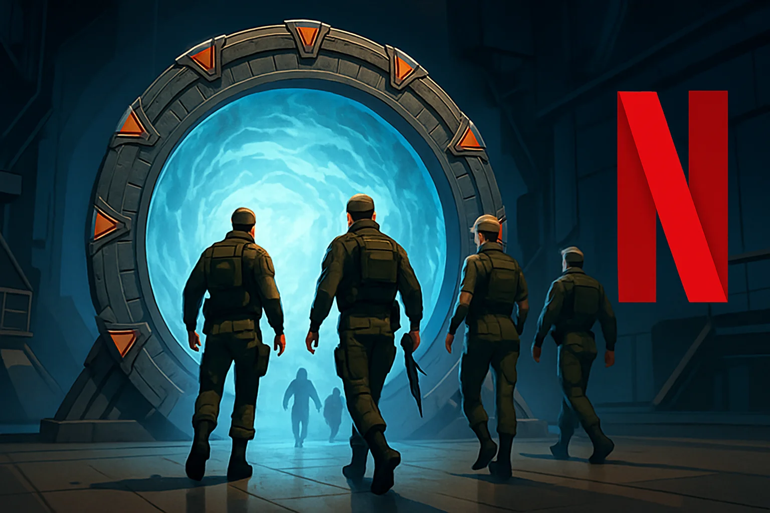 Команда Stargate SG-1 проходит через Звездные врата, символизируя возвращение сериала на Netflix.