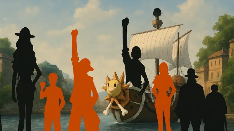 Команда Соломенной Шляпы из One Piece, стоящая вместе, символизирующая их единство и роли.