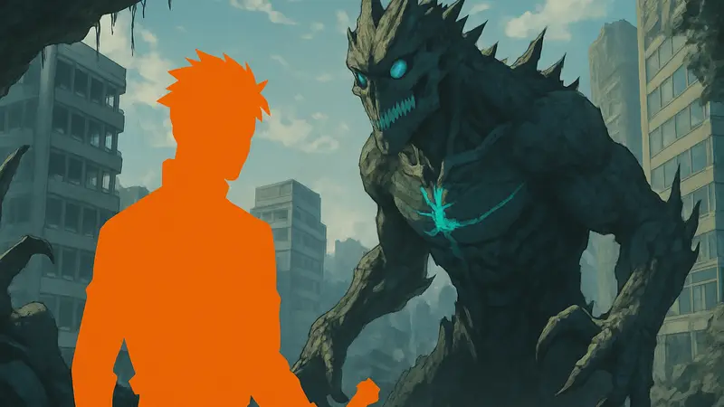 Постер аниме Kaiju No. 8 с главным героем и элементами кайдзю.