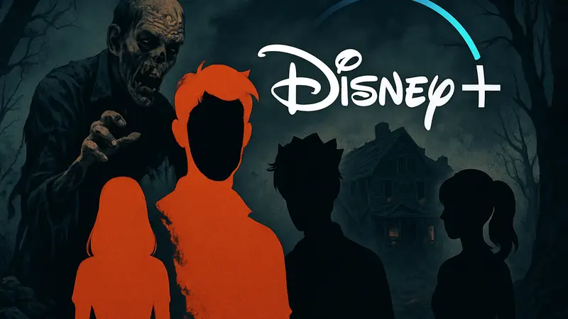 Постер или арт сериала Afterlife with Archie с элементами хоррора и персонажами из Riverdale на фоне Disney+.