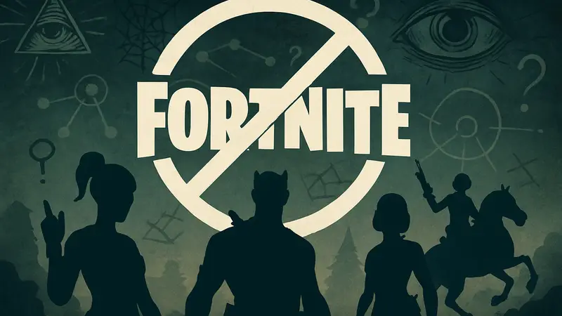Логотип Fortnite с элементами конспирологической теории на фоне, перечеркнутый знаком "фейк". Персонажи Fortnite в окружении загадочных символов.