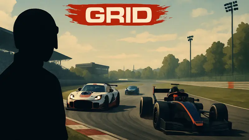 Логотип Grid Legends на фоне гоночной трассы с автомобилями