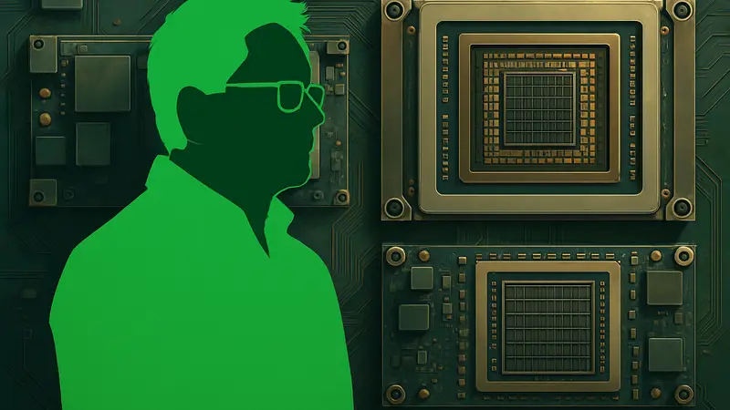 Дженсен Хуанг, генеральный директор Nvidia, на фоне графических процессоров или микросхем ИИ