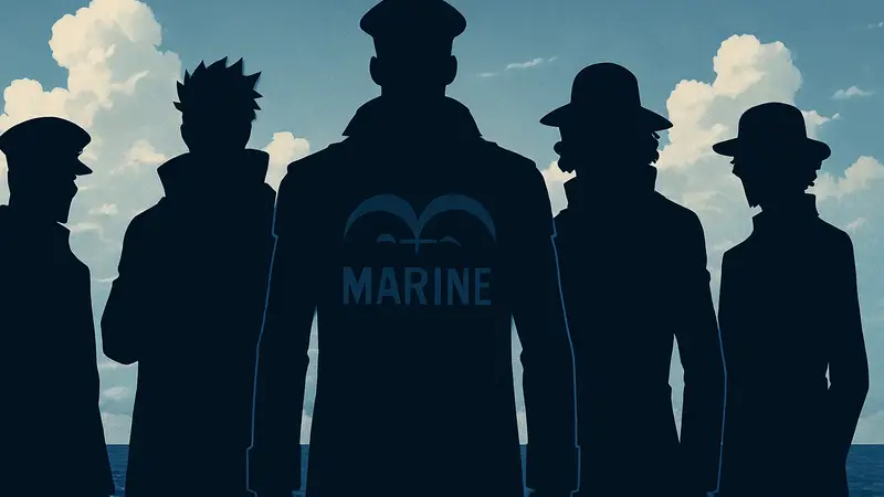 Несколько морских дозорных из One Piece с серьёзными выражениями лиц, на фоне моря