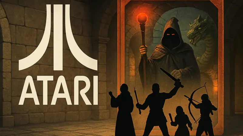 Логотип Atari и обложка классической игры Wizardry, символизирующая переиздание RPG.