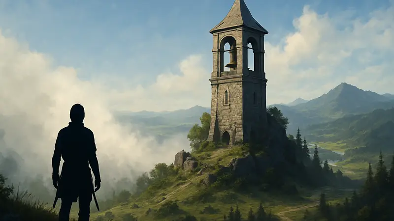 Изображение колокольни на карте Crimson Desert, с эффектом развеивающегося тумана