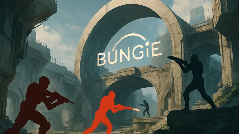 Игроки в мультиплеере Marathon сражаются в футуристической локации, показан логотип Bungie.