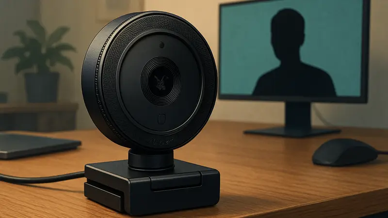 Веб-камера Razer Kiyo V2 X крупным планом на рабочем столе