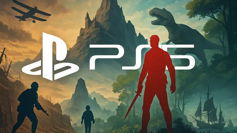 Изображение логотипа PlayStation 5 с элементами игр, символизирующими апрельские релизы 2026 года