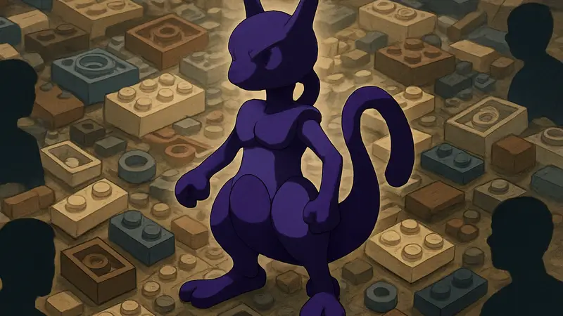Изображение фигурки LEGO Мьюту из вселенной Pokemon на фоне деталей конструктора.
