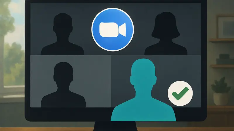 Логотип Zoom и значок верификации пользователя в интерфейсе видеоконференции.