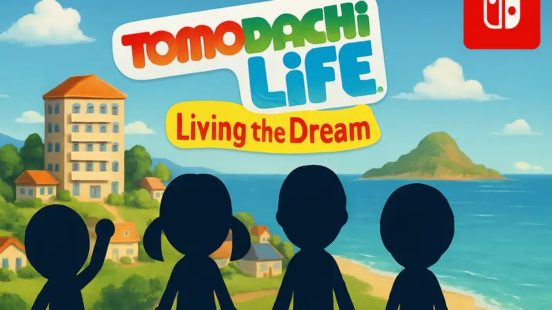 Обложка игры Tomodachi Life Living the Dream с персонажами Mii и логотипом Nintendo Switch.
