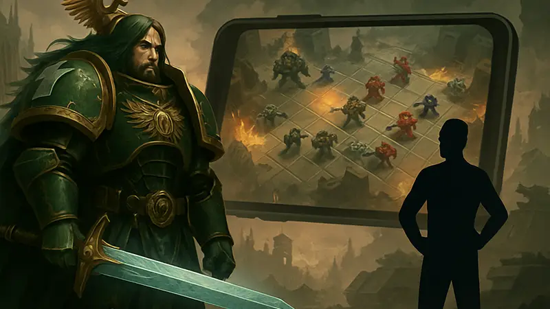 Лев Эль’Джонсон в броне из Warhammer 40,000 на фоне мобильной игры Tacticus.